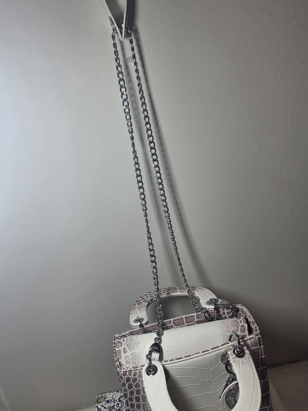 Dior Croc-Embossed Crossbody Bag in Light Gray and White